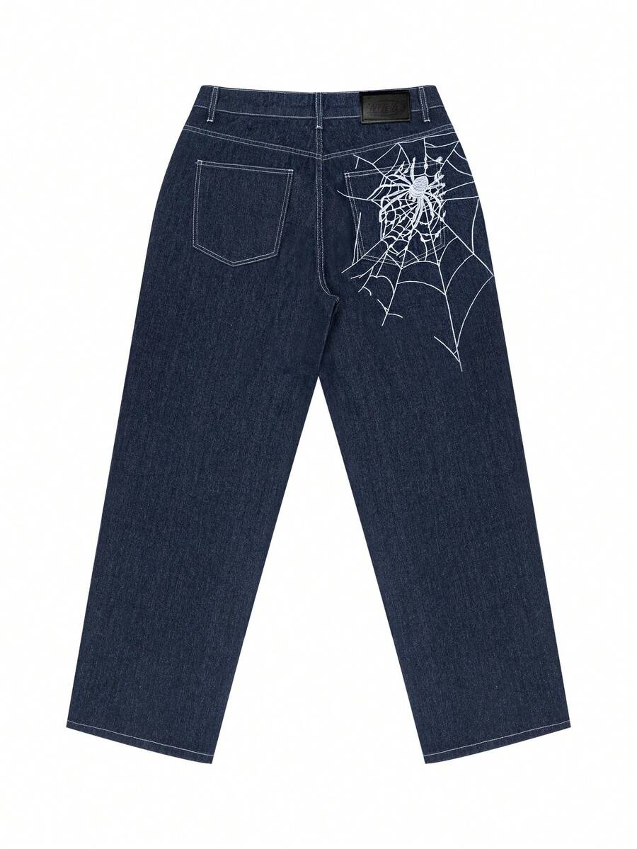 Fashion Street Spider Web Embroidery Straight Loose Wide Leg Denim Jeans For Men