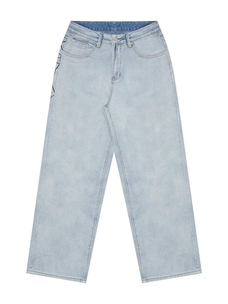 Fashion Street Spider Web Embroidery Straight Loose Wide Leg Denim Jeans For Men