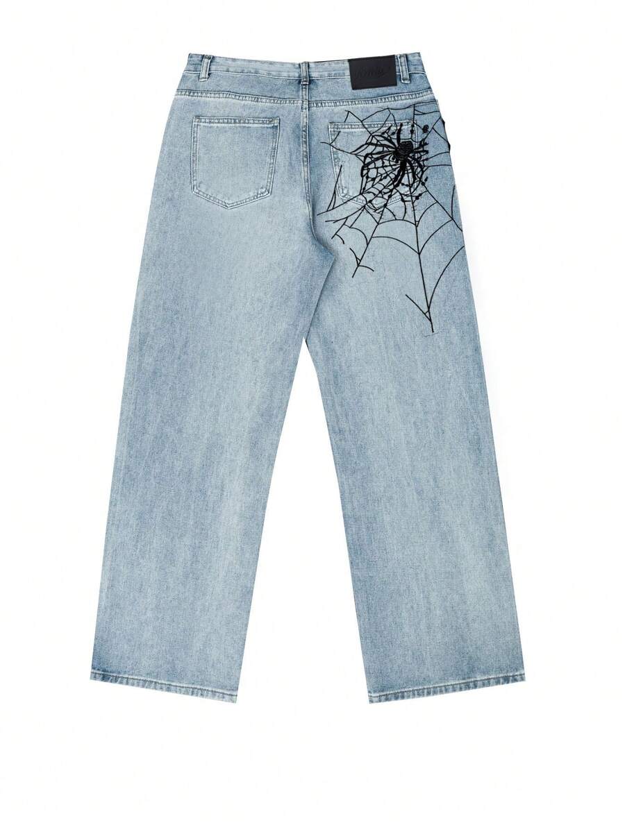 Fashion Street Spider Web Embroidery Straight Loose Wide Leg Denim Jeans For Men