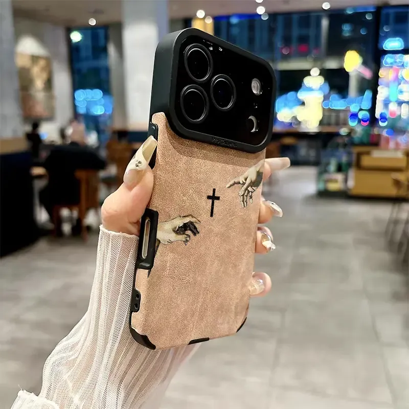 God's Hand pattern fine hole imitation fur phone case suitable for iPhone 17 16 15 14 13 12 11 Pro Max Plus X XS Max anti drop phone case