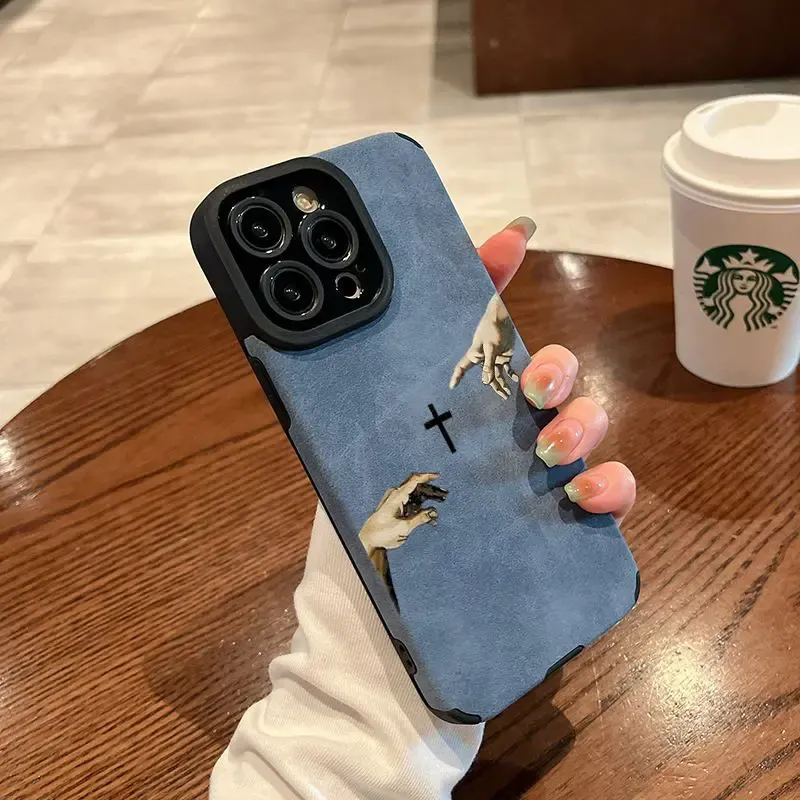 God's Hand pattern fine hole imitation fur phone case suitable for iPhone 17 16 15 14 13 12 11 Pro Max Plus X XS Max anti drop phone case