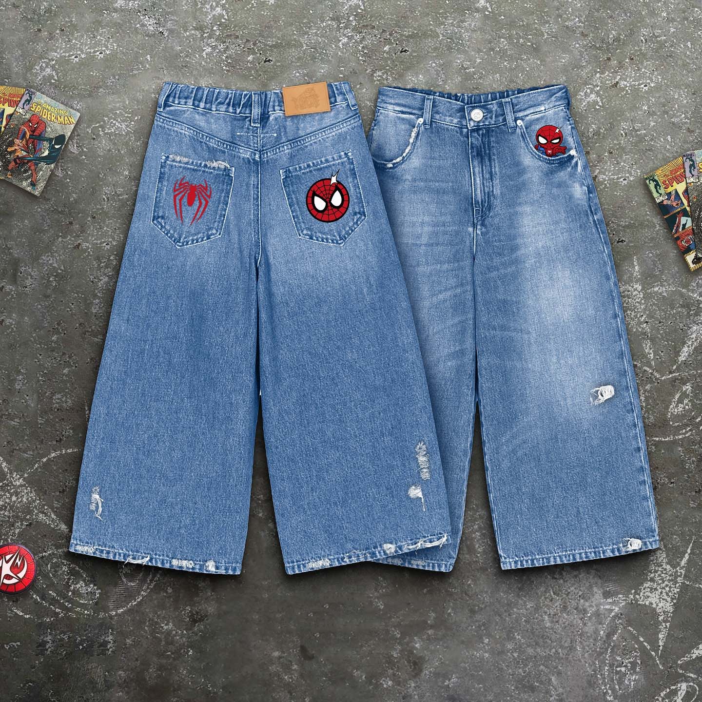 Fashion Street Spiderman Embroidery Straight Loose Wide Leg Denim Jeans For Men