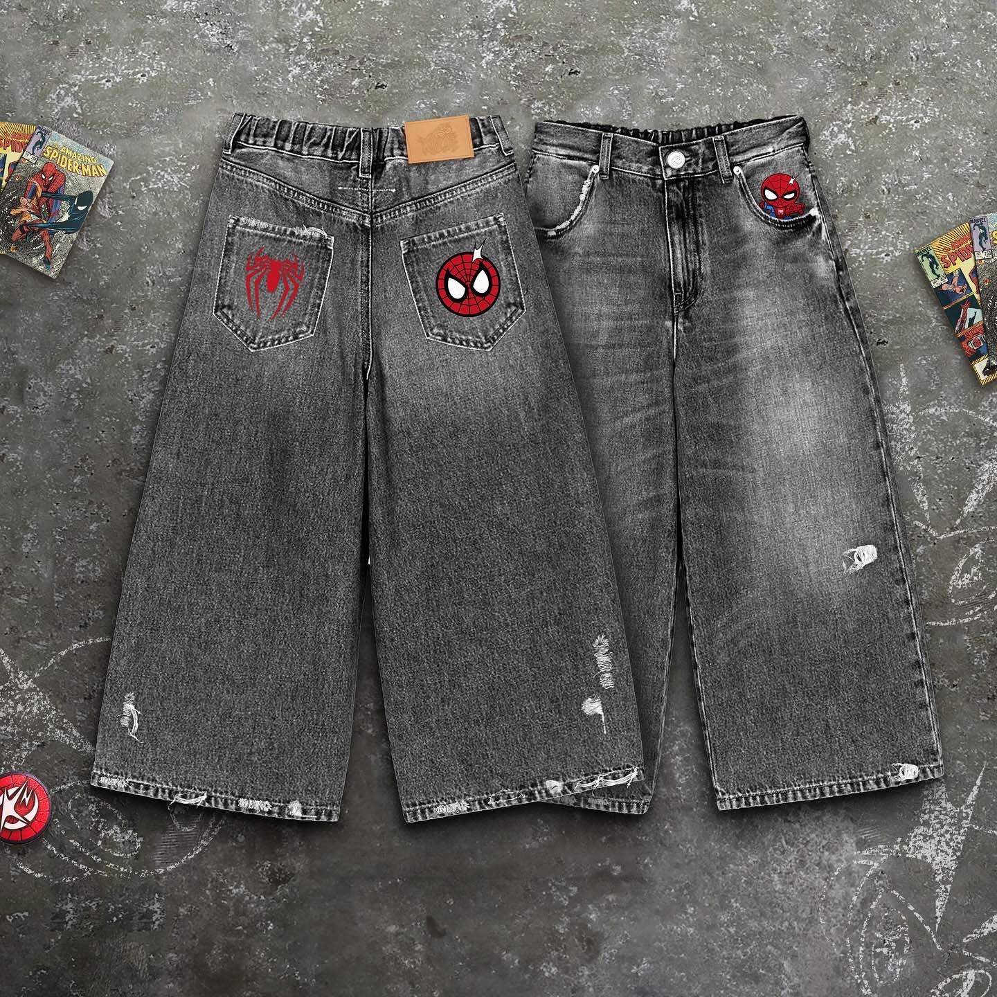 Fashion Street Spiderman Embroidery Straight Loose Wide Leg Denim Jeans For Men