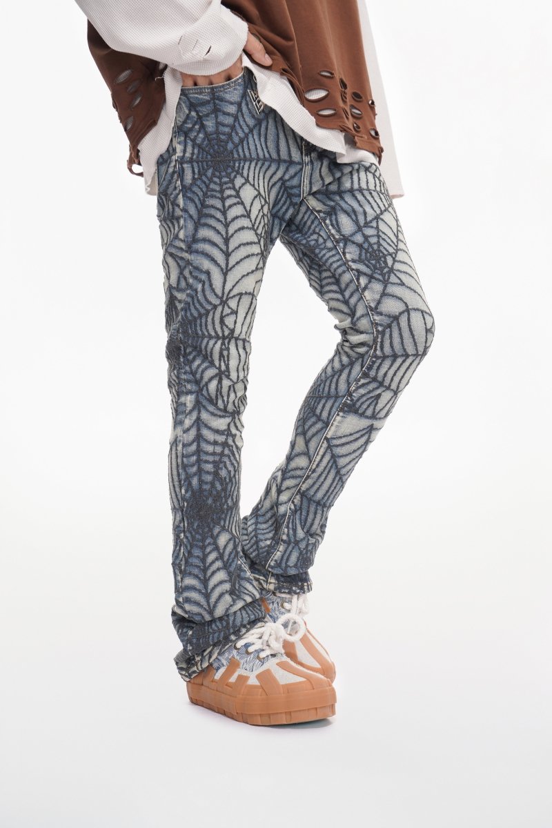 Fashion Street Spider Web Embroidery Straight Loose Wide Leg Denim Jeans For Men