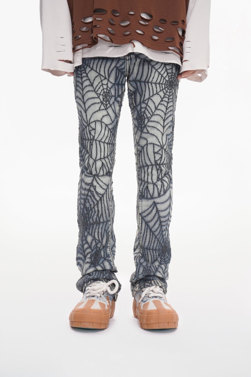 Fashion Street Spider Web Embroidery Straight Loose Wide Leg Denim Jeans For Men