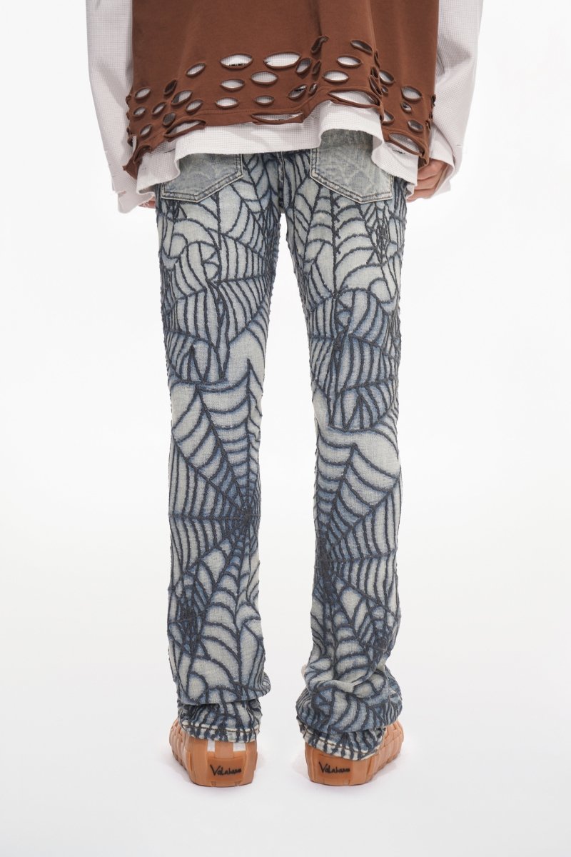 Fashion Street Spider Web Embroidery Straight Loose Wide Leg Denim Jeans For Men