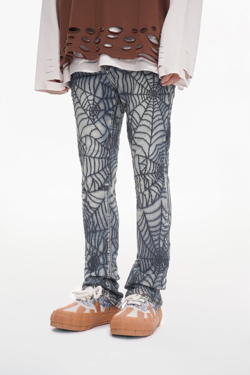 Fashion Street Spider Web Embroidery Straight Loose Wide Leg Denim Jeans For Men