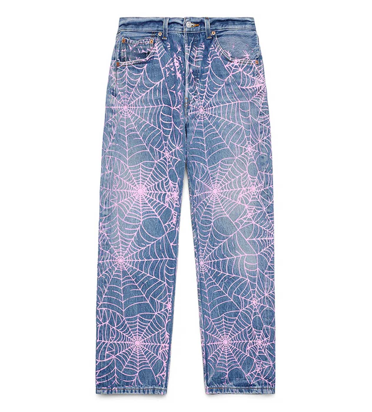 Fashion Street Spider Web Embroidery Straight Loose Wide Leg Denim Jeans For Men