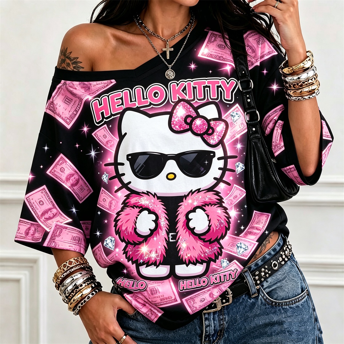 Off‑Shoulder Hello Kitty Graphic Oversized T‑Shirt