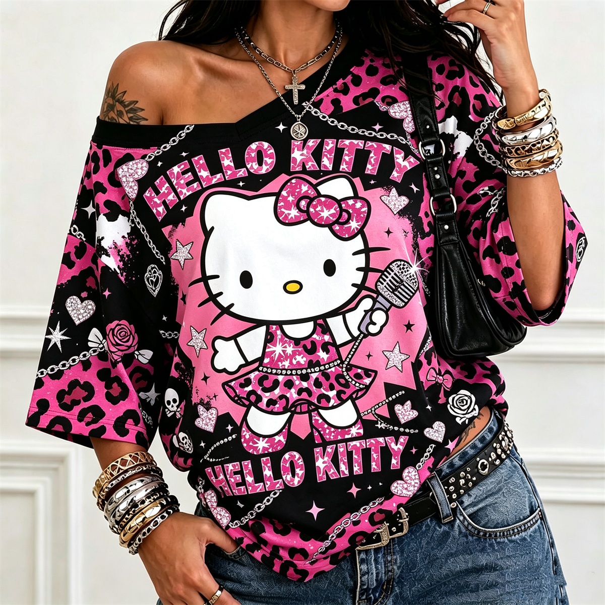 Off‑Shoulder Hello Kitty Graphic Oversized T‑Shirt Women