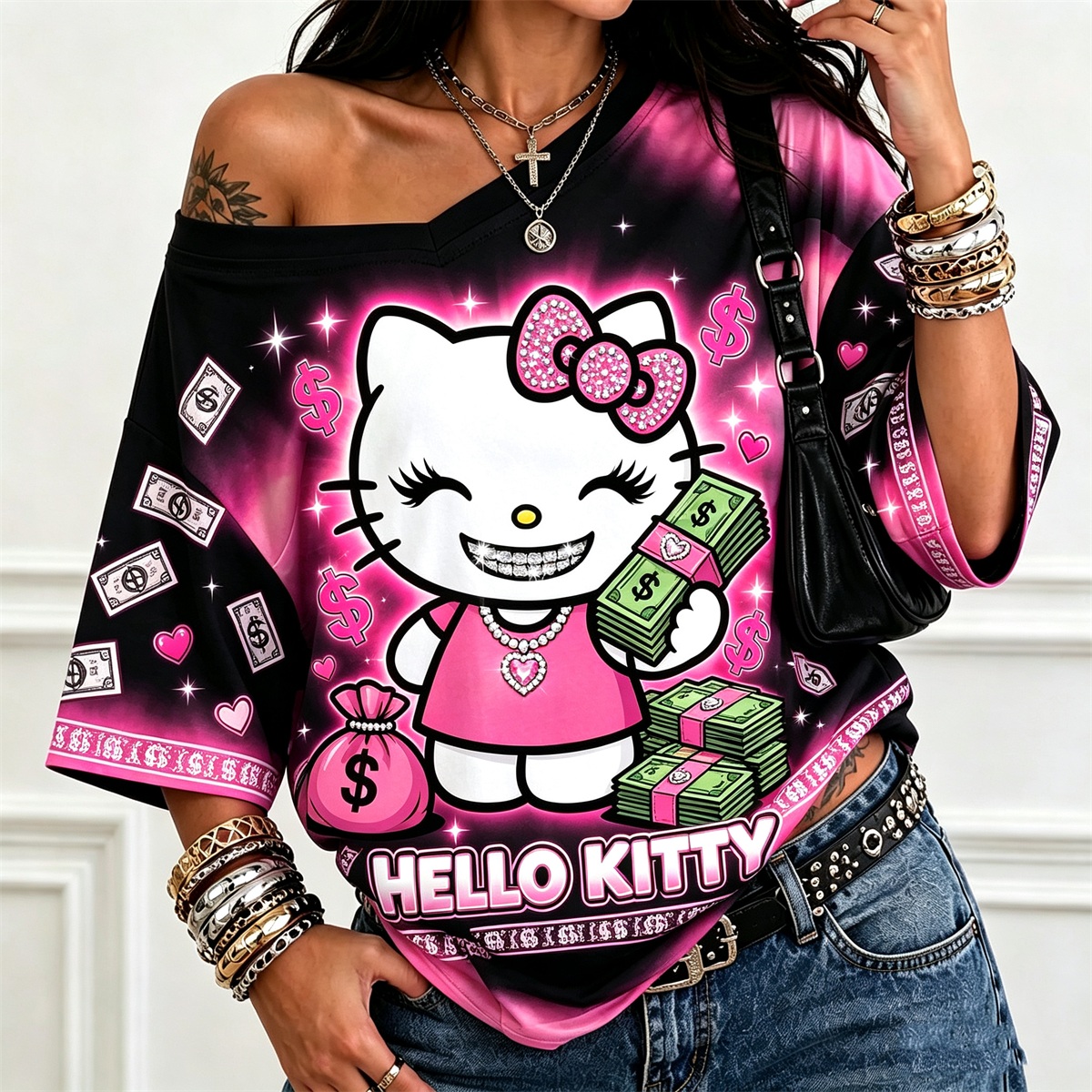 Off‑Shoulder Hello Kitty Graphic Oversized T‑Shirt Women