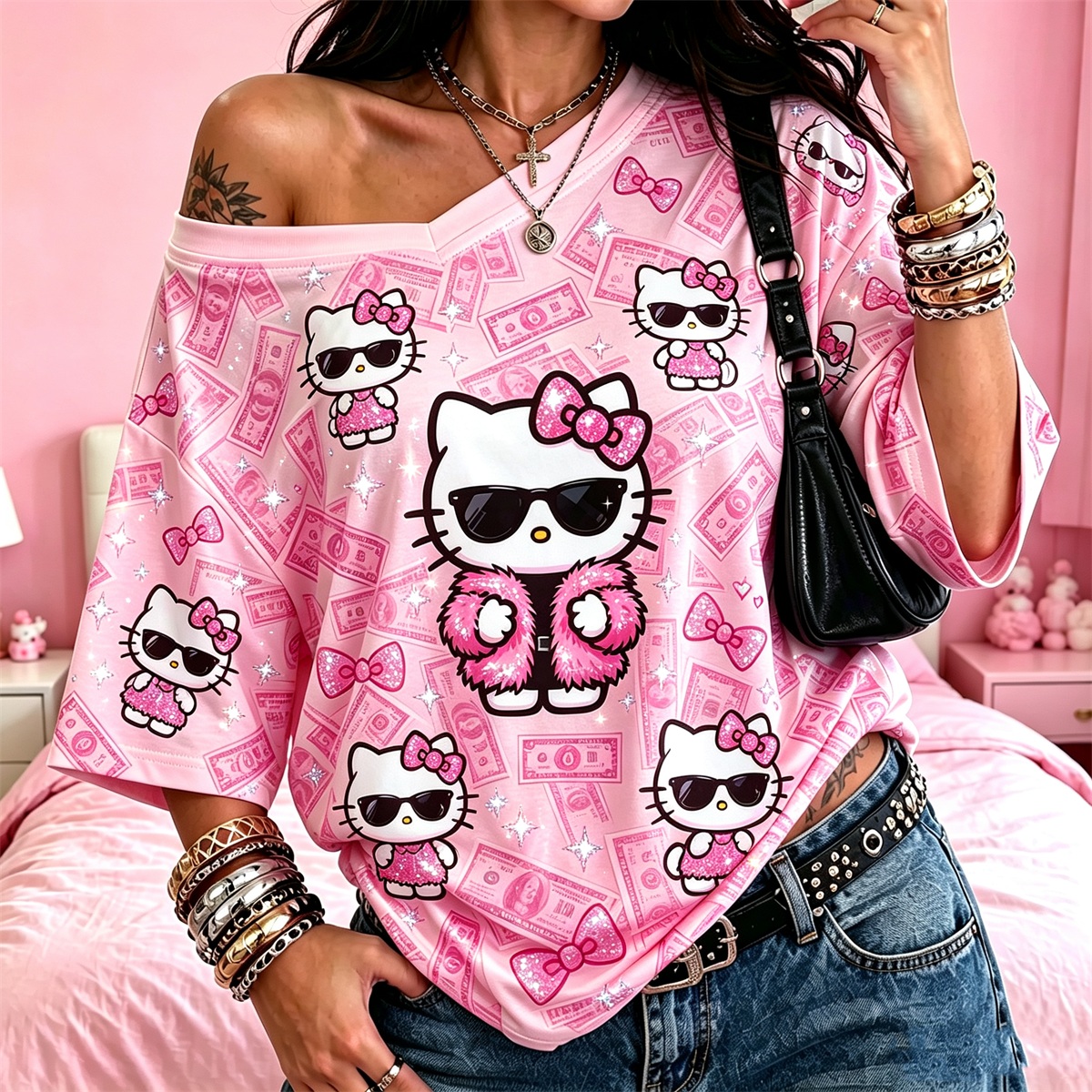 Off‑Shoulder Hello Kitty Graphic Oversized T‑Shirt Women