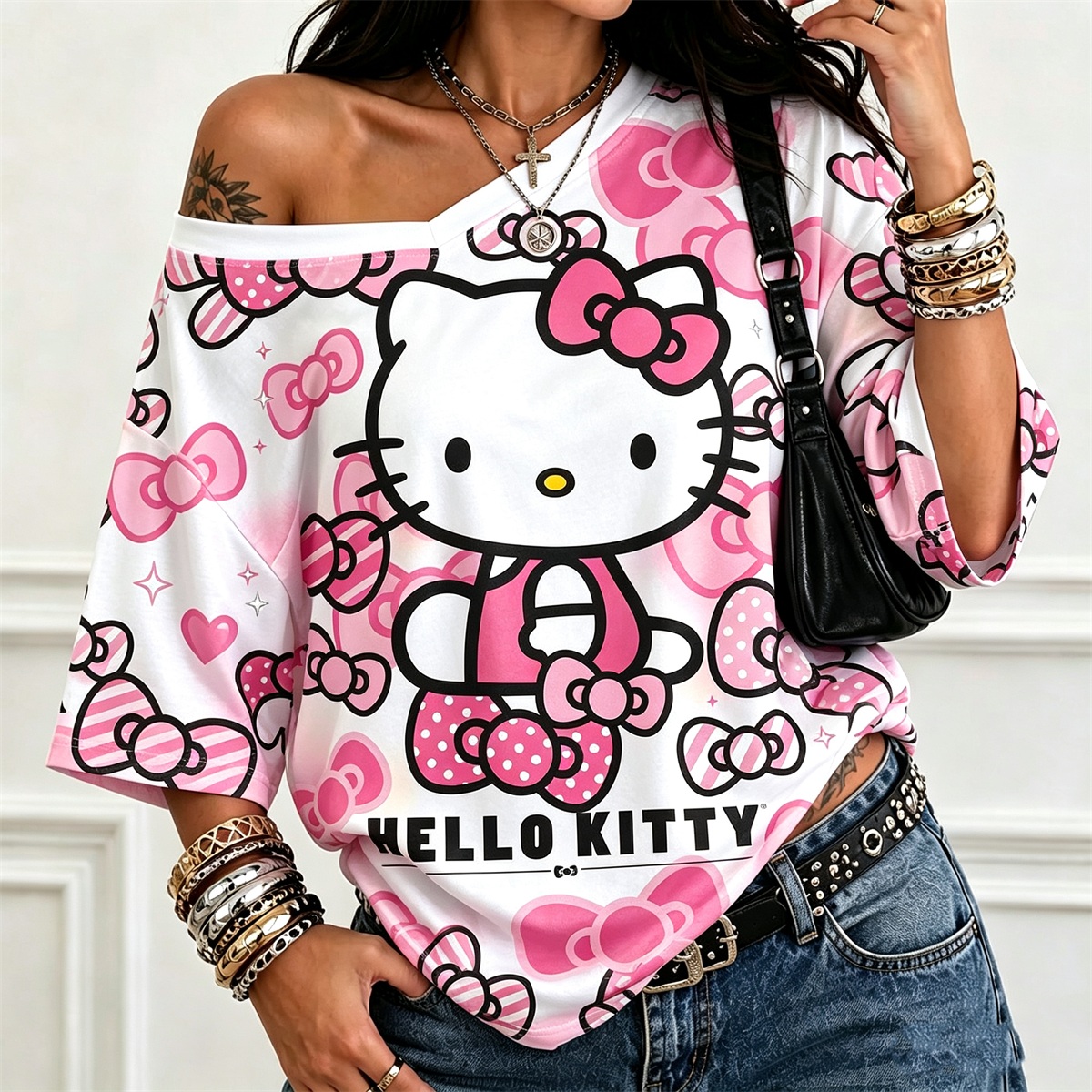Off‑Shoulder Hello Kitty Graphic Oversized T‑Shirt Women