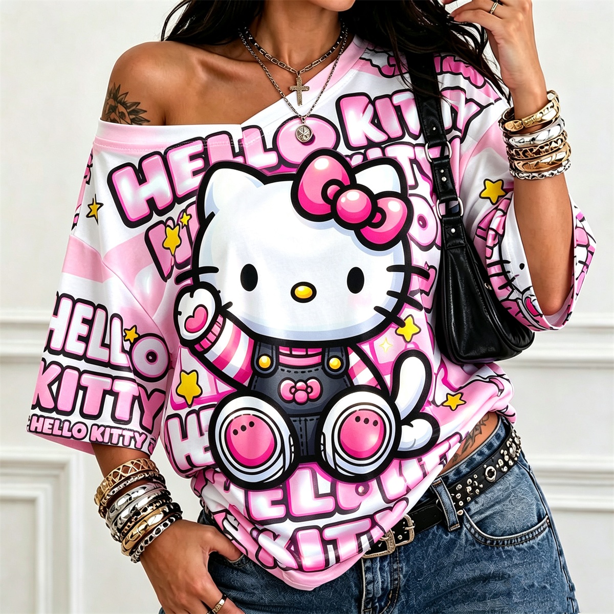Off‑Shoulder Hello Kitty Graphic Oversized T‑Shirt Women