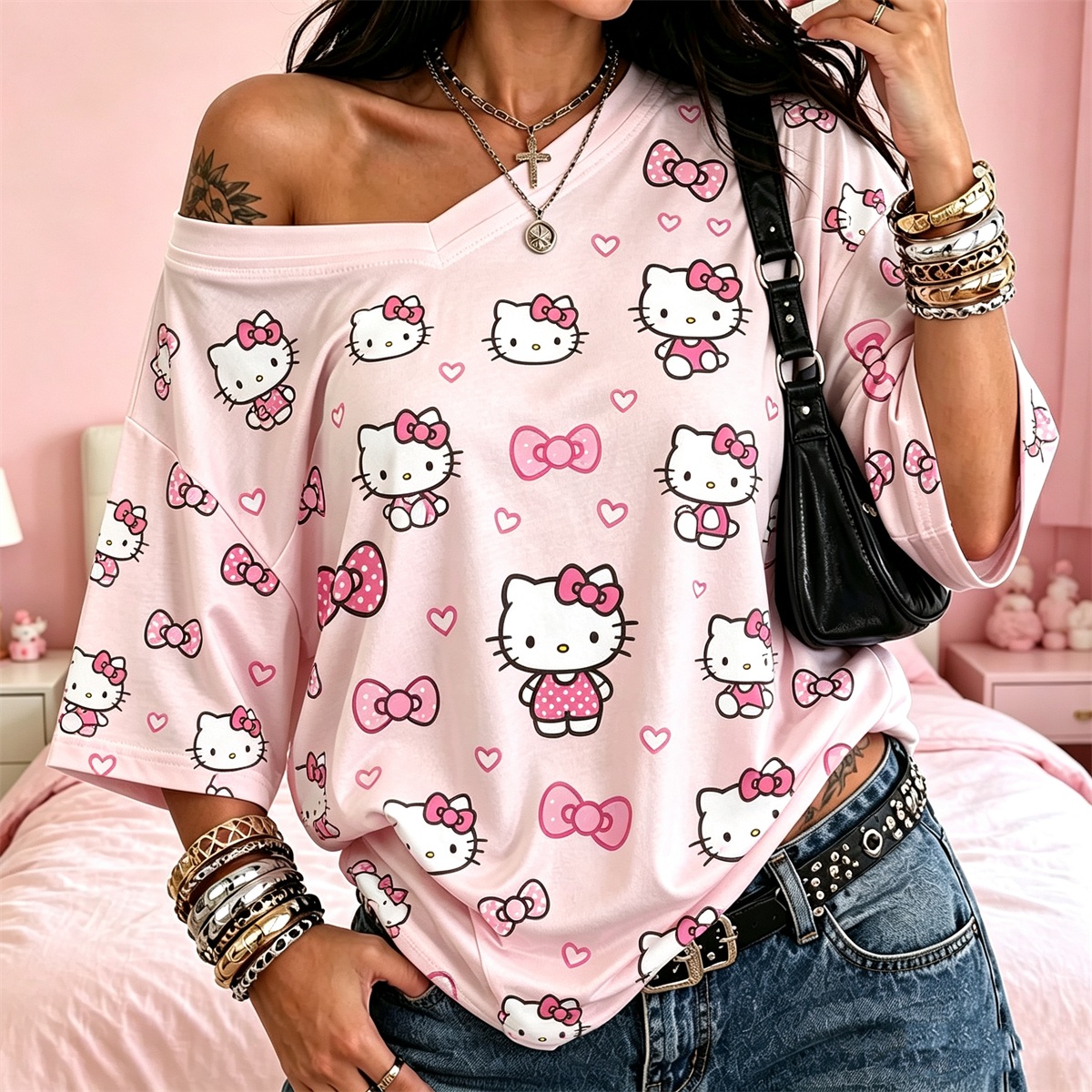 Off‑Shoulder Hello Kitty Graphic Oversized T‑Shirt Women