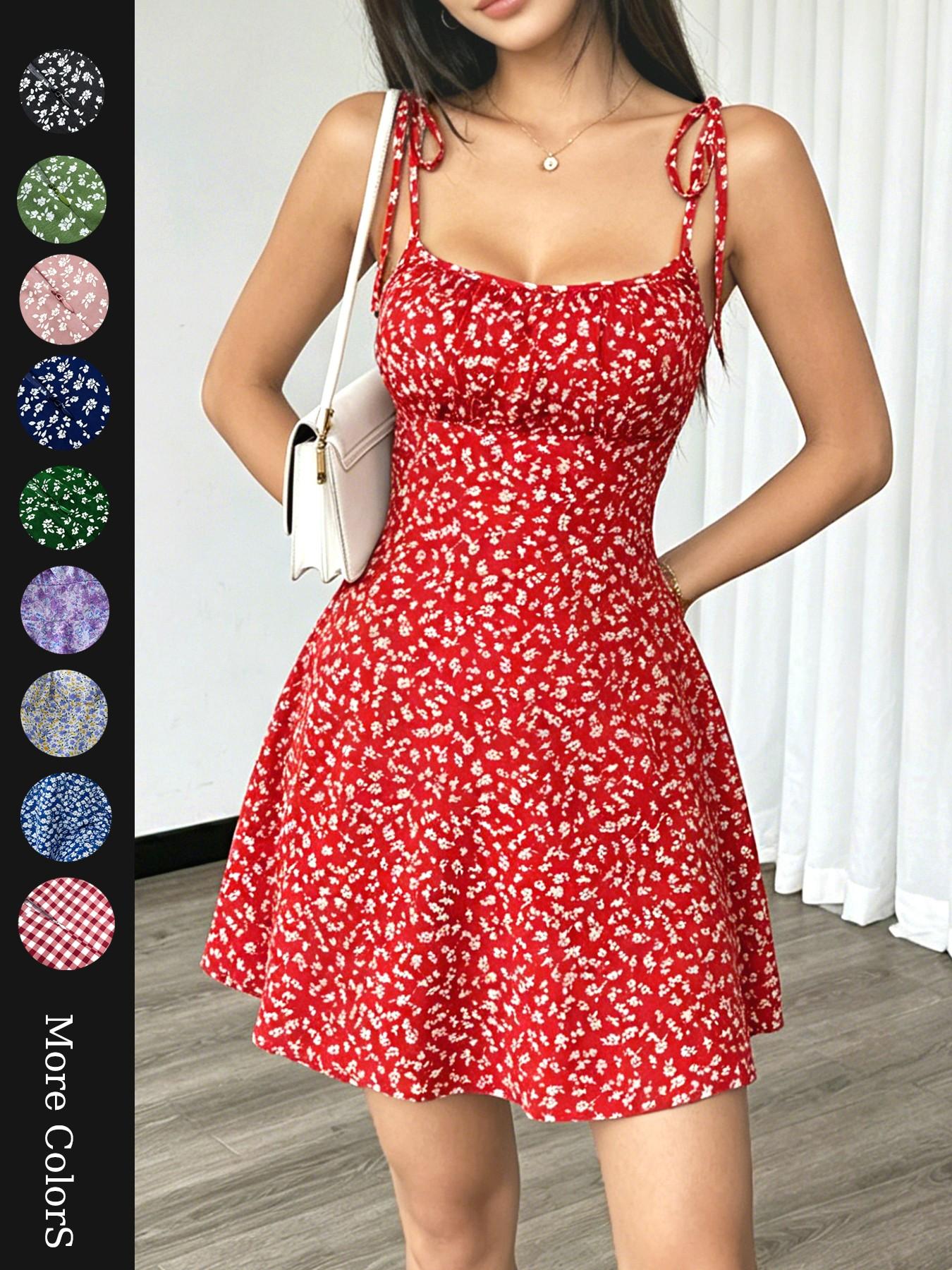 Summer Romantic Vacation Date, Floral Tie Waist Slim Fit Short Dress, Perfect for Outdoor Activities, Stylish and Comfortable Design