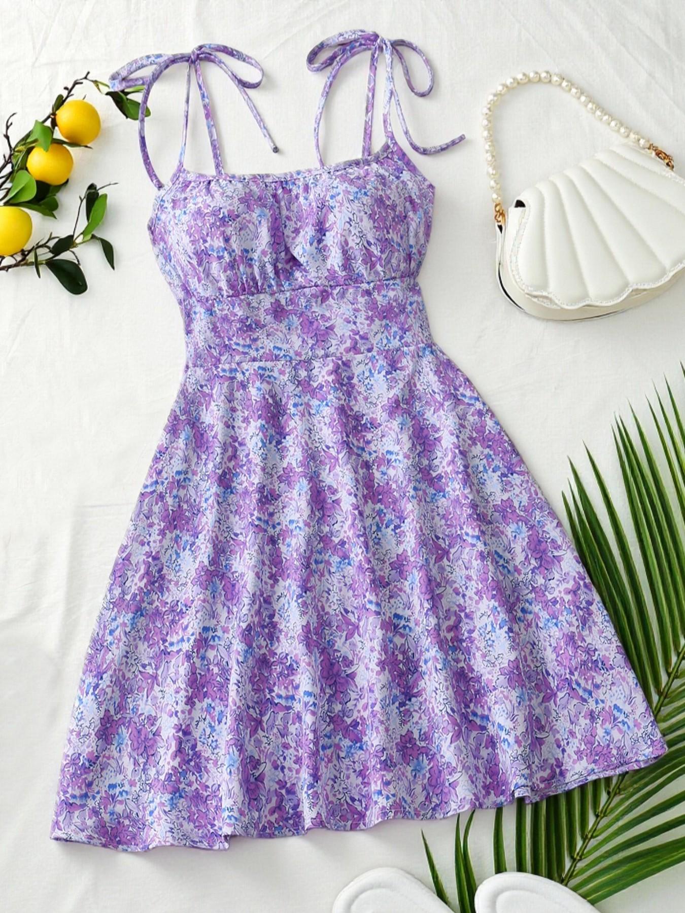 Summer Romantic Vacation Date, Floral Tie Waist Slim Fit Short Dress, Perfect for Outdoor Activities, Stylish and Comfortable Design