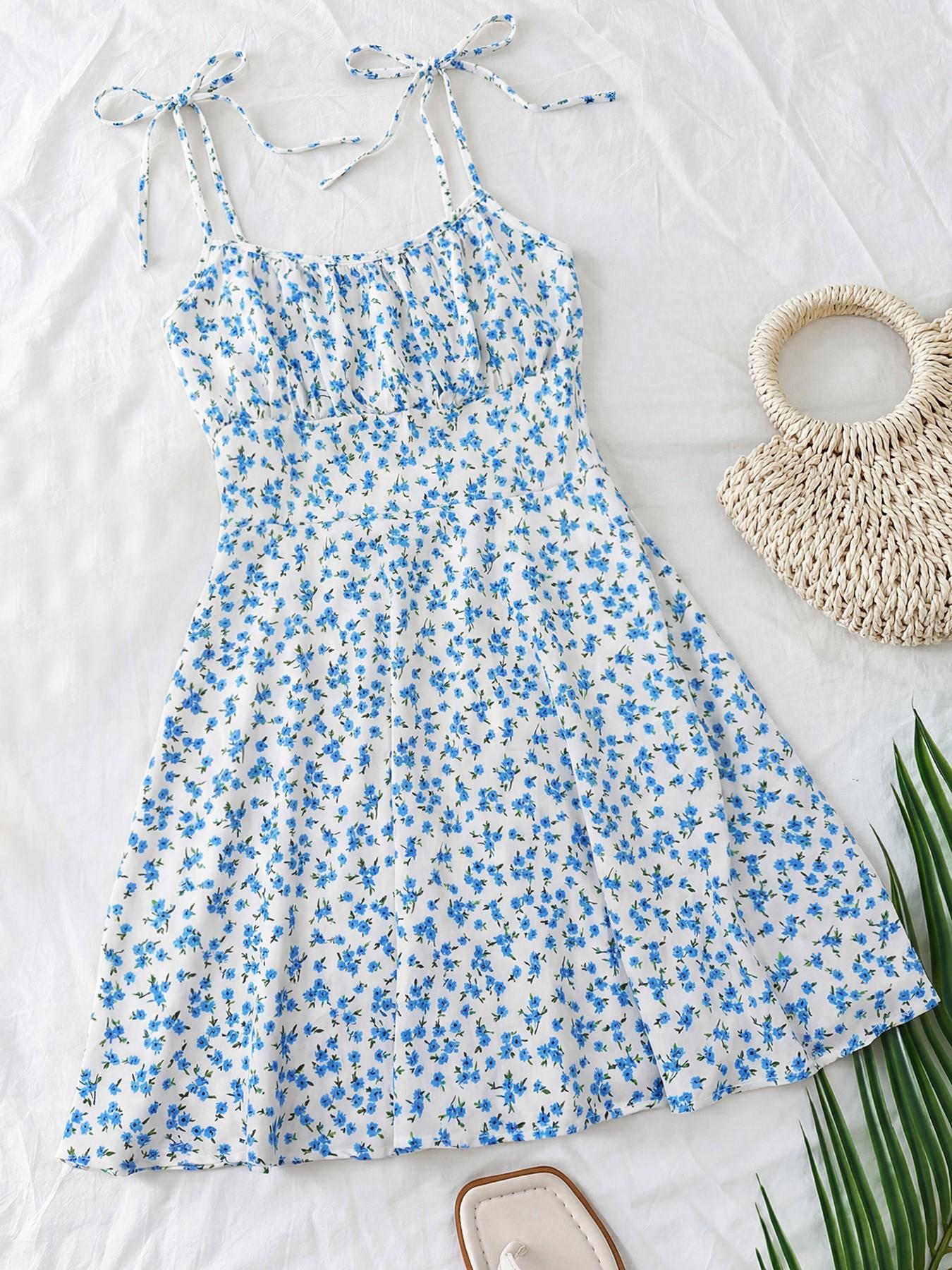 Summer Romantic Vacation Date, Floral Tie Waist Slim Fit Short Dress, Perfect for Outdoor Activities, Stylish and Comfortable Design