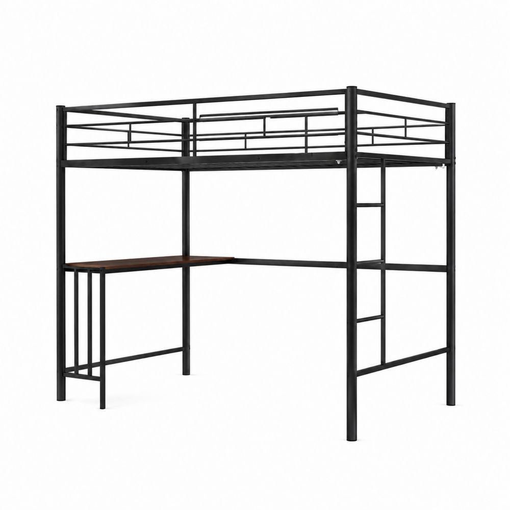 Cama alta con escritorio integrado de metal negro