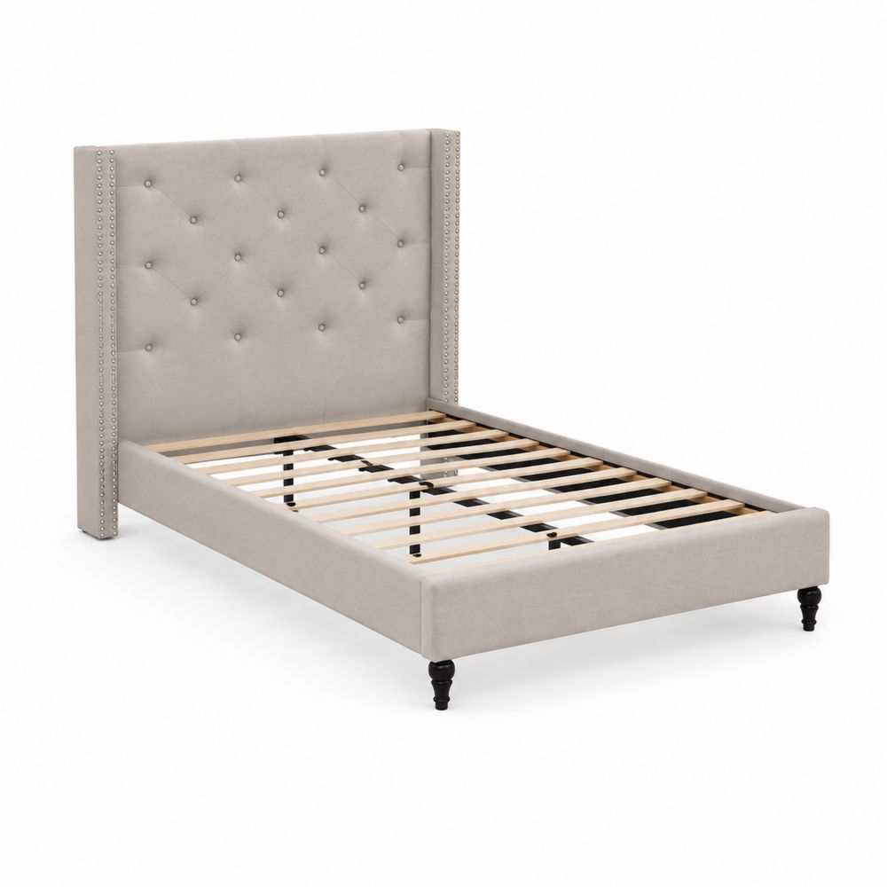 Cama individual de madera y tela beige con cabecero tapizado 90x200 cm