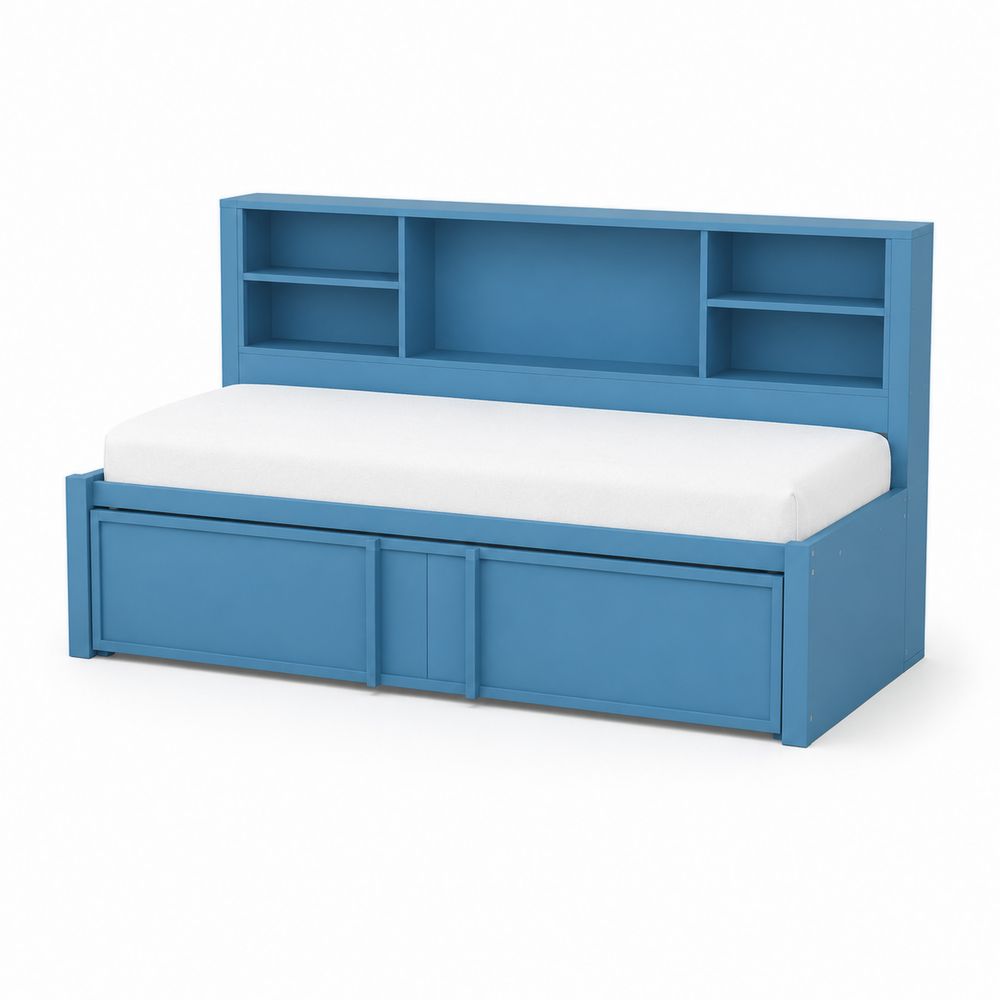 Diván cama MDF azul con estantería