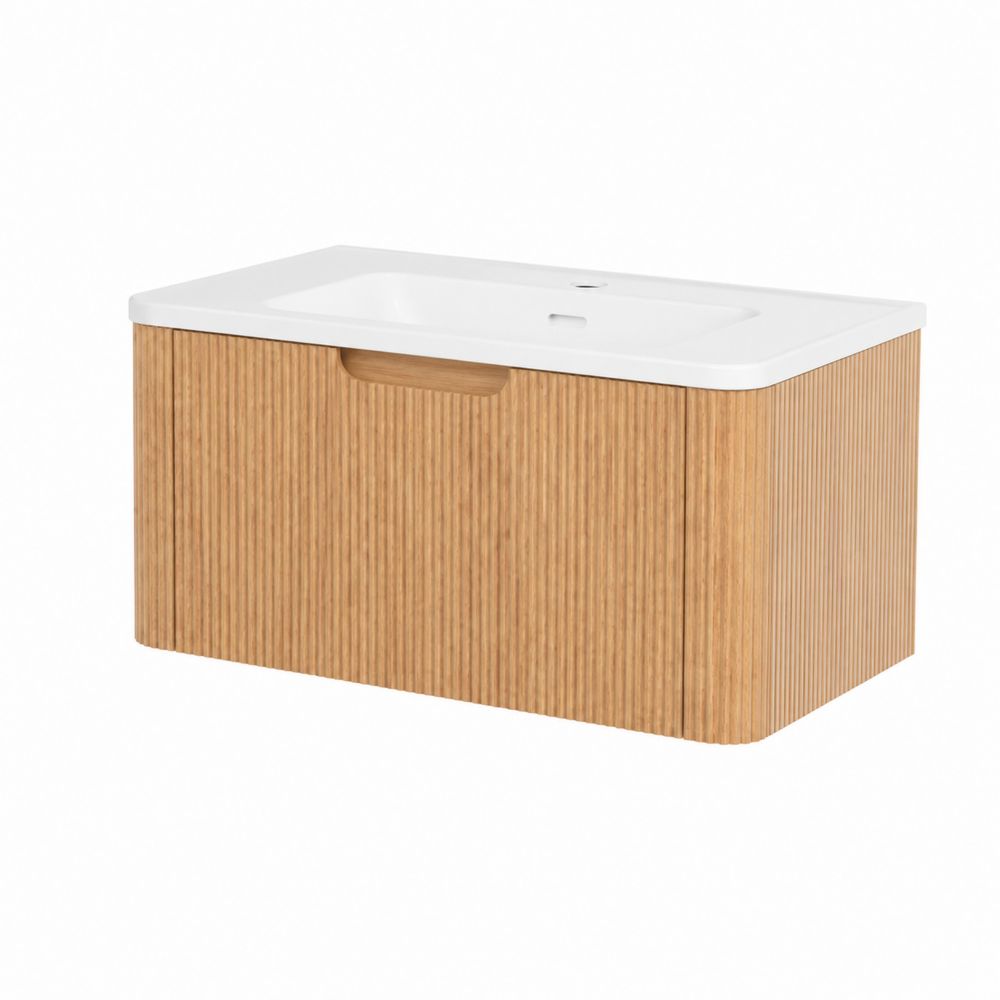 Mueble de Lavabo de MDF Roble y Lavabo de Resina Blanca
