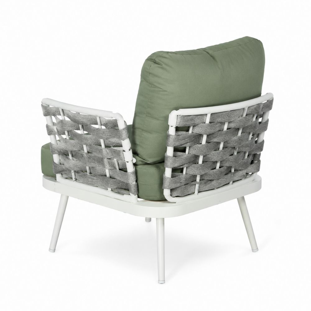 Silla de aluminio con cojines de poliéster verde y respaldo trenzado gris
