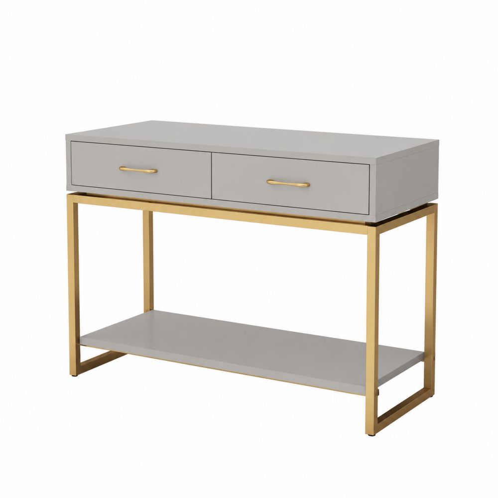 Consola de MDF con cajones y estructura de metal dorado, gris