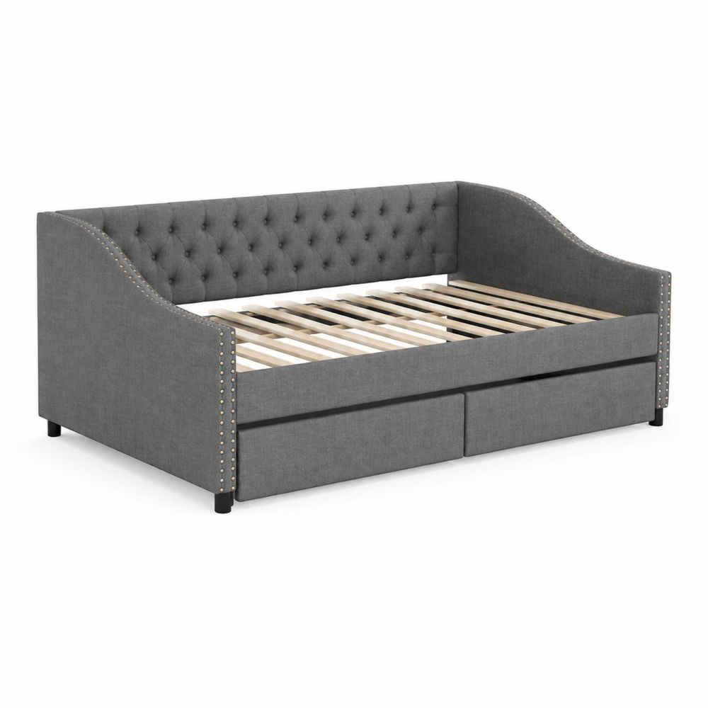 Diván tapizado gris con almacenamiento y estructura de madera