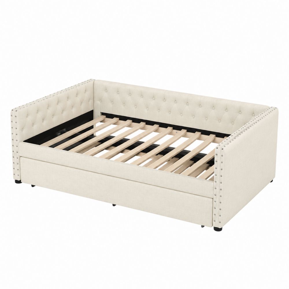 Diván de madera tapizado en lino beige
