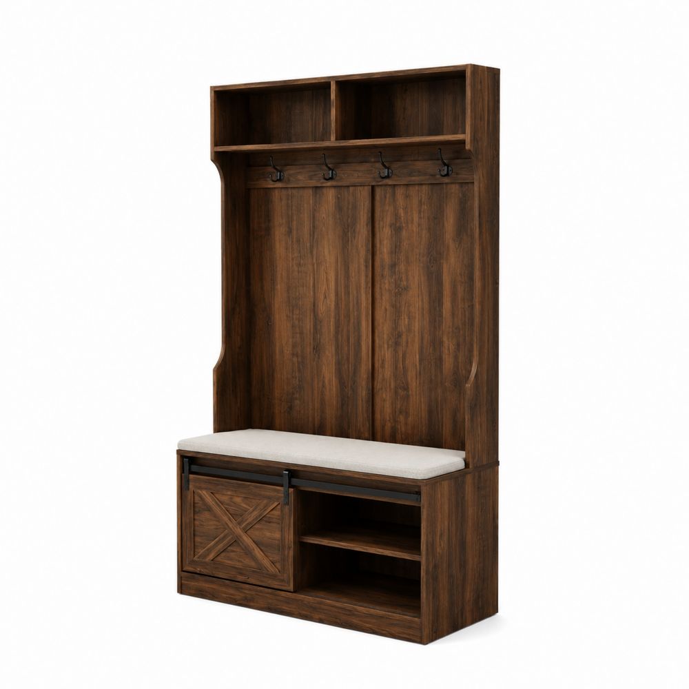 Perchero de Madera con Banco de Almacenamiento y Cojín Marrón