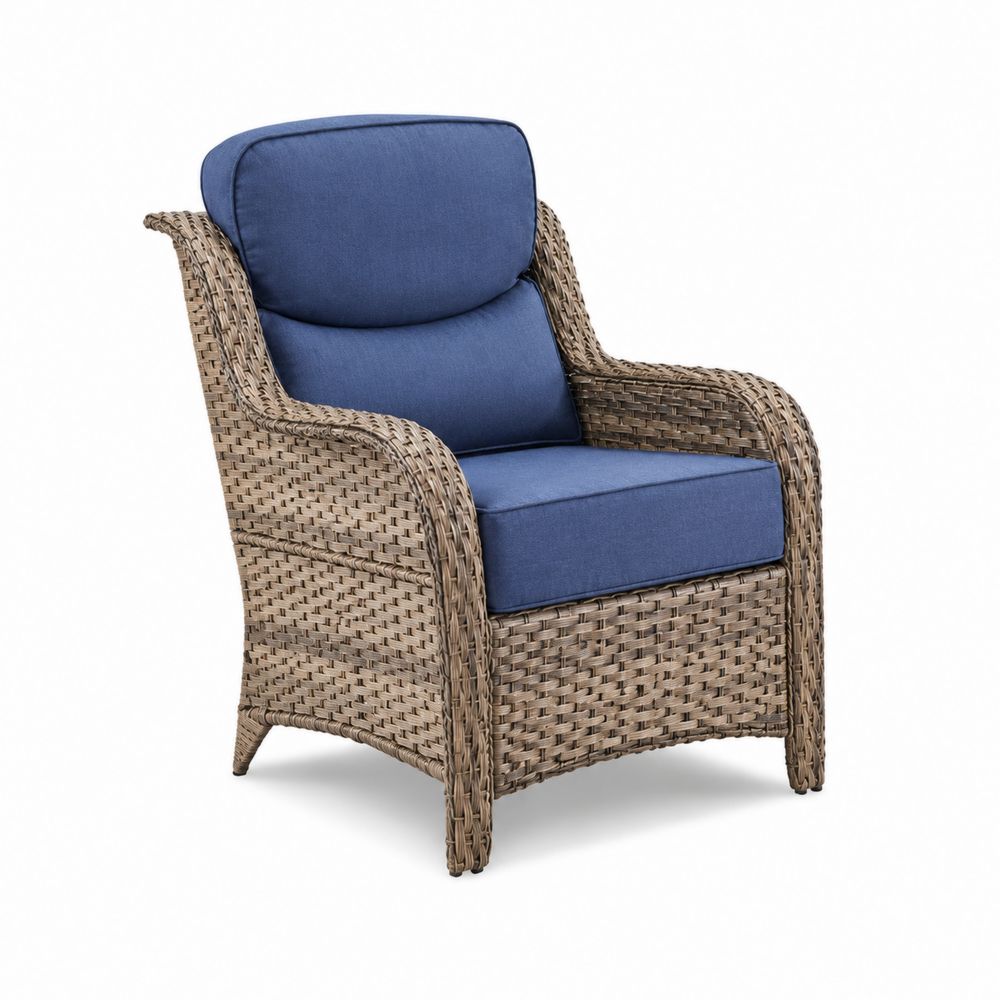 Sillón de ratán con cojines de poliéster azul