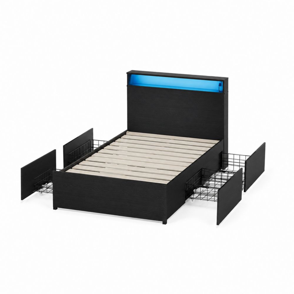 Cama de Madera con Almacenamiento y Luz LED, 200x160 cm, Negro