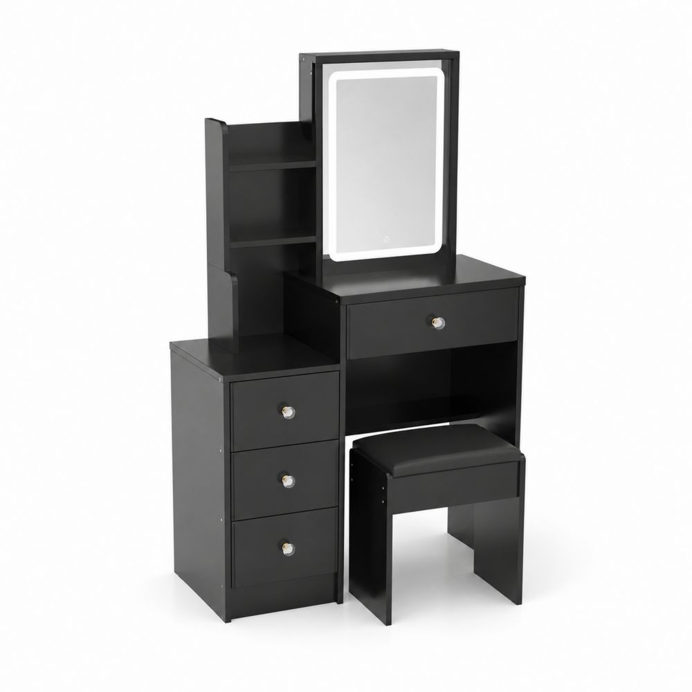 Tocador de Madera con Espejo LED y Taburete Negro