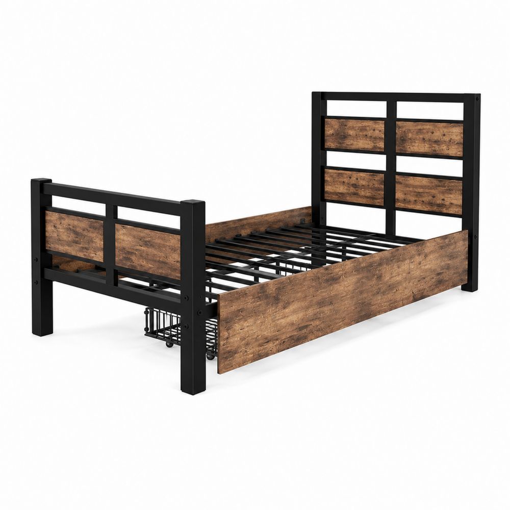 Cama de Metal y Madera Contrachapada con Almacenamiento 200x90 cm Negro/Marrón