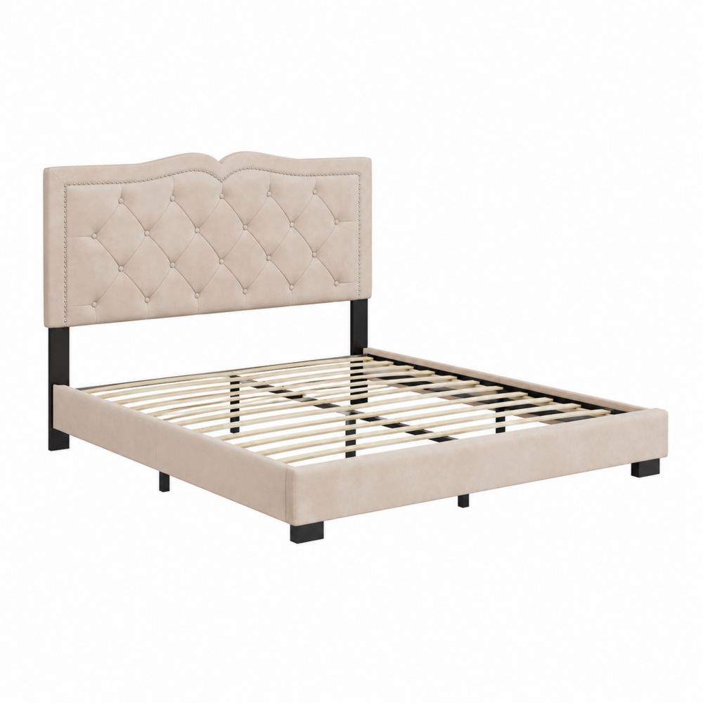 Cama de matrimonio con cabecero acolchado de poliéster y estructura metálica de 160x200 cm Beige