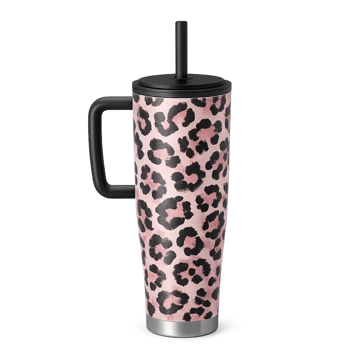 Kubek termiczny leopard różowy 500ml z uchwytem i słomką