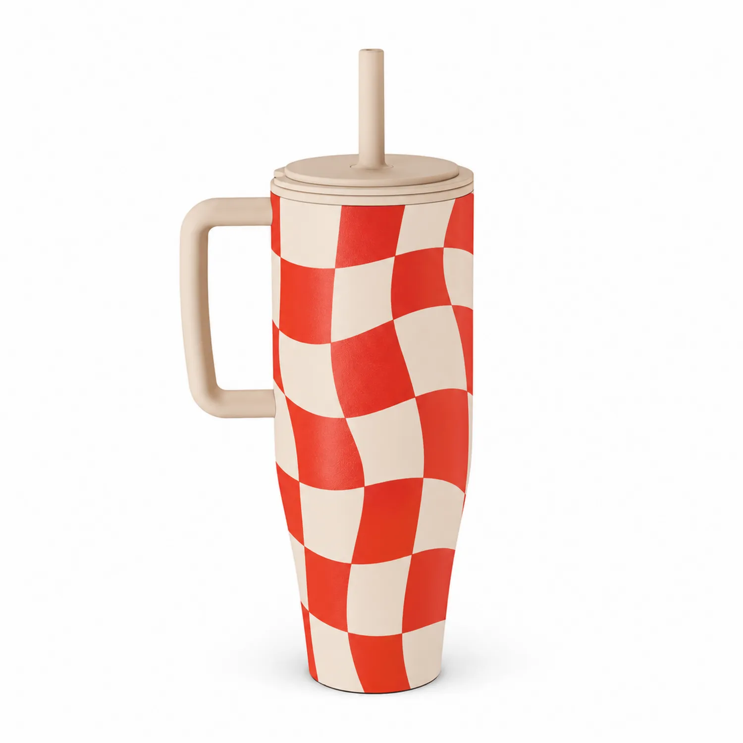 Kubek termiczny z rurką w czerwono-beżową szachownicę 500ml