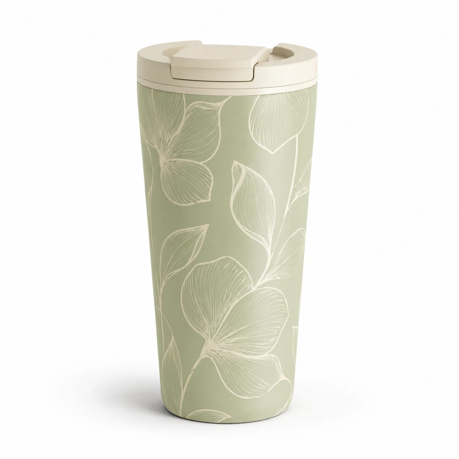 Kubek Termiczny z Izolacją 400ml Wzory Roślinne Zielono-Oliwkowy