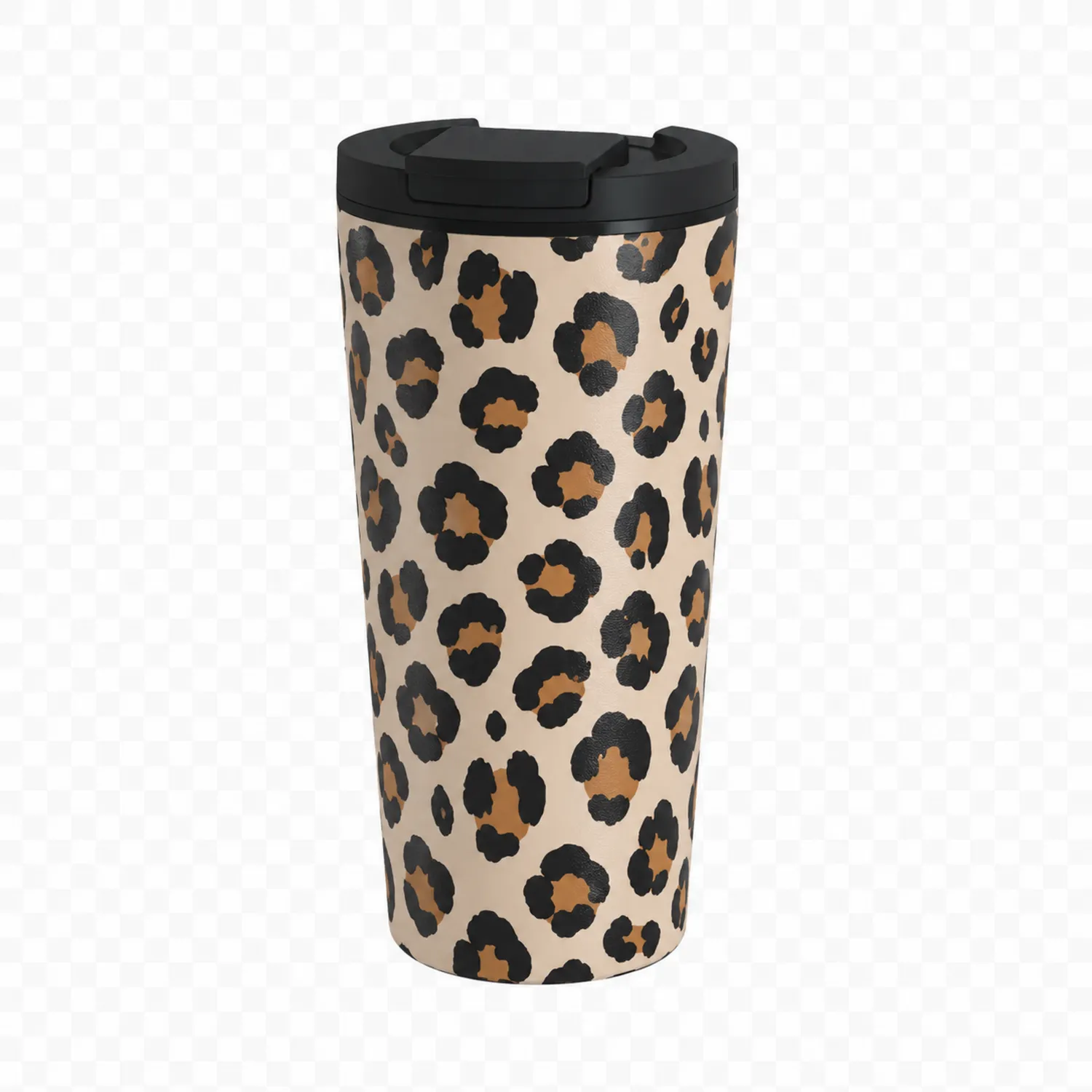 Kubek termiczny z zakrętką, wzór leopard, beżowo-czarny