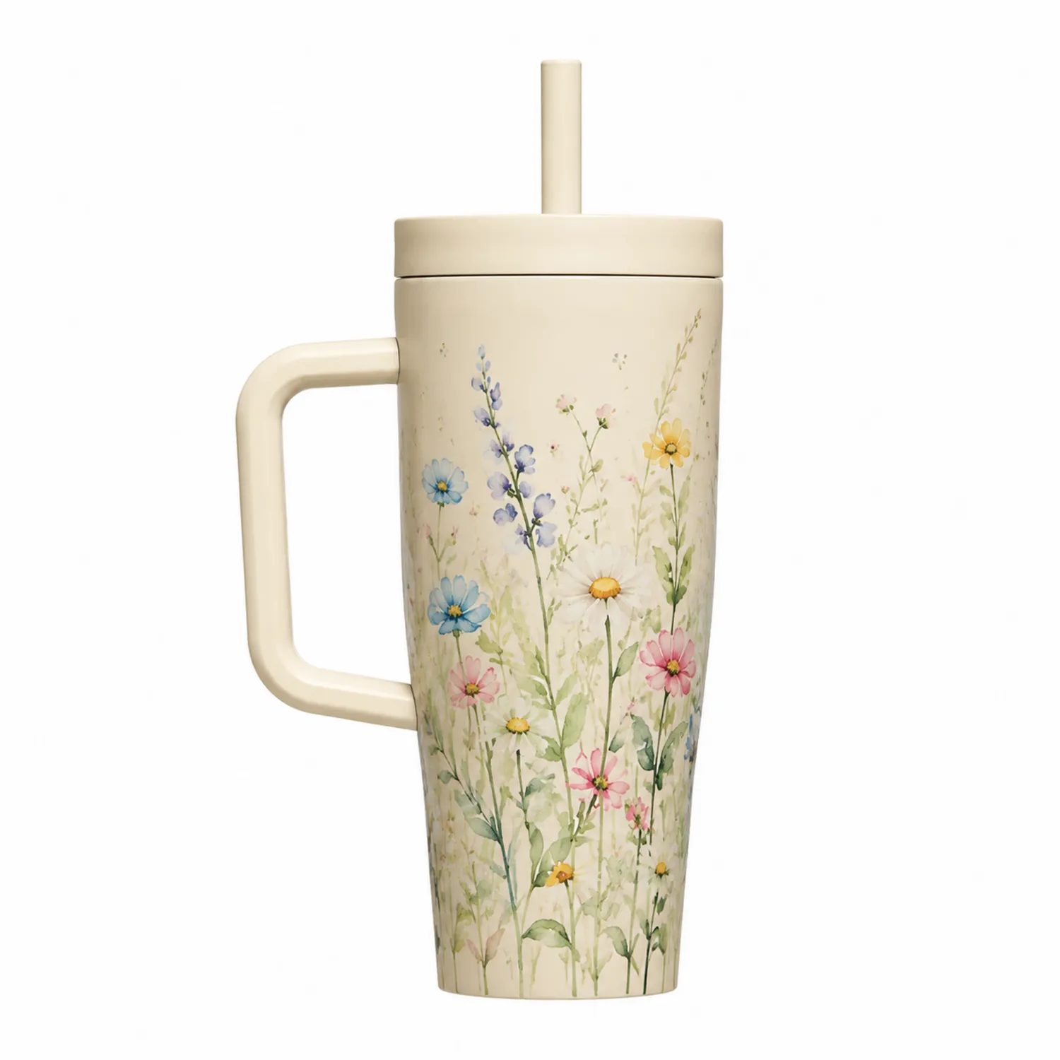 Kubek z rurką z kwiatowym wzorem, kremowy, 700 ml