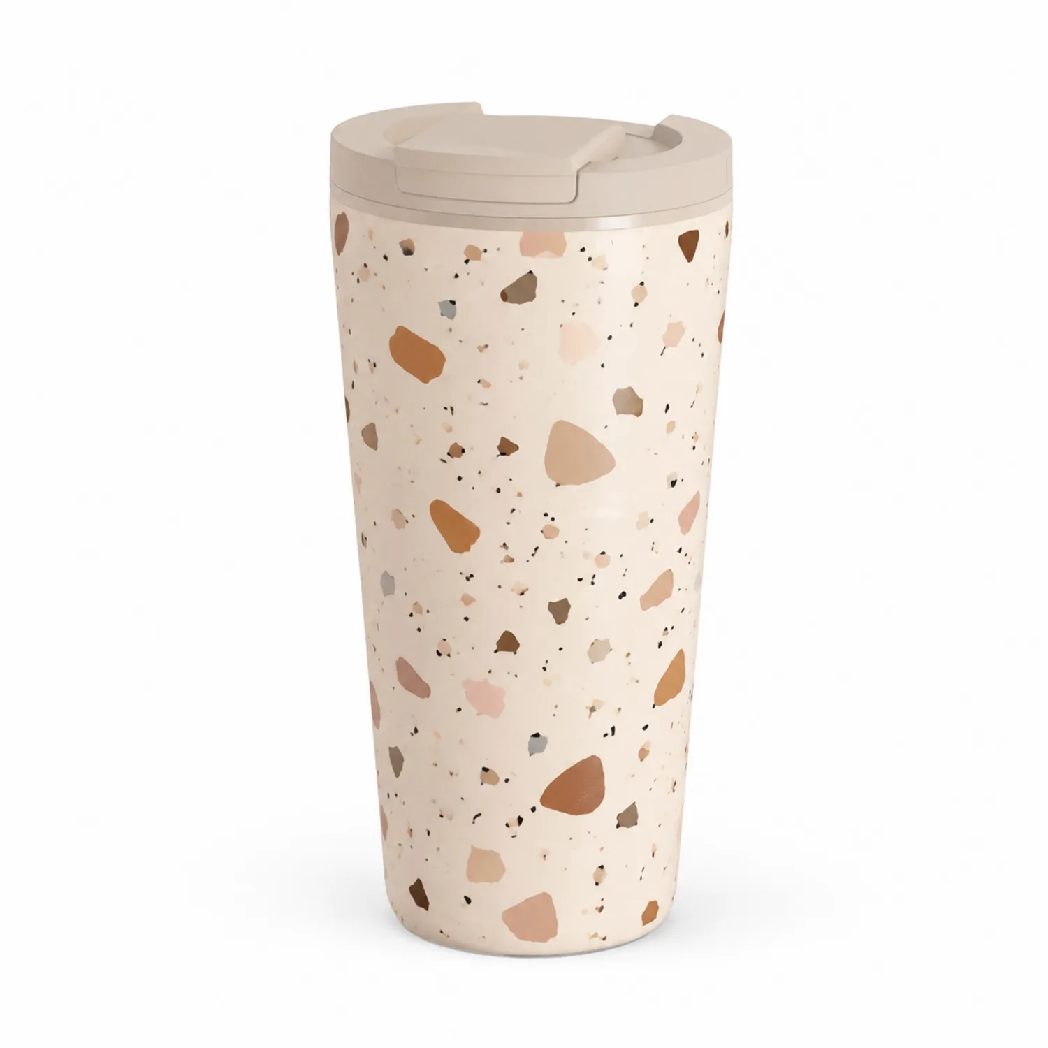 Kubek termiczny z pokrywką wzór terrazzo, beżowy/brązowy, 450 ml