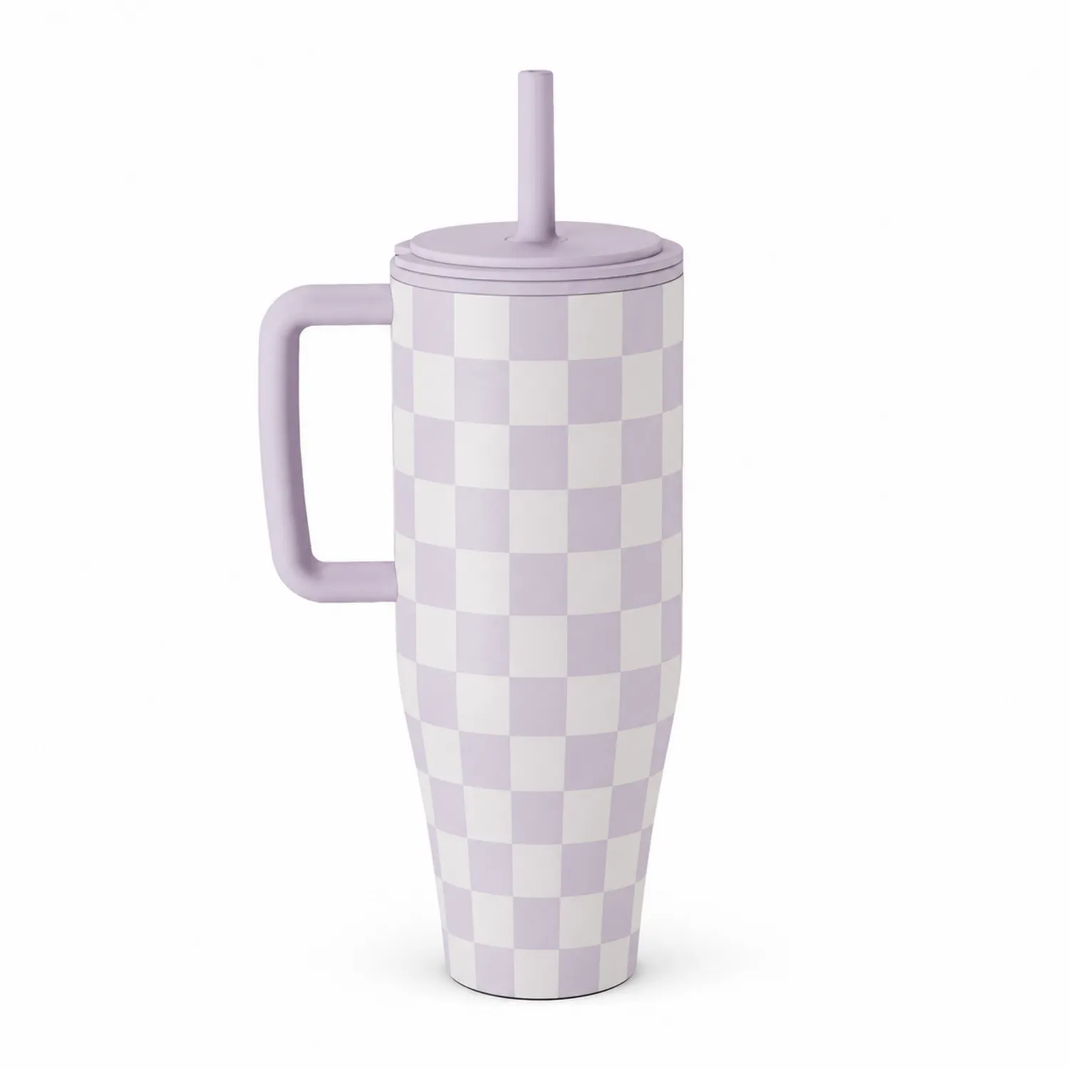 Kubek termiczny z rurką, wzór fioletowa szachownica, 500 ml