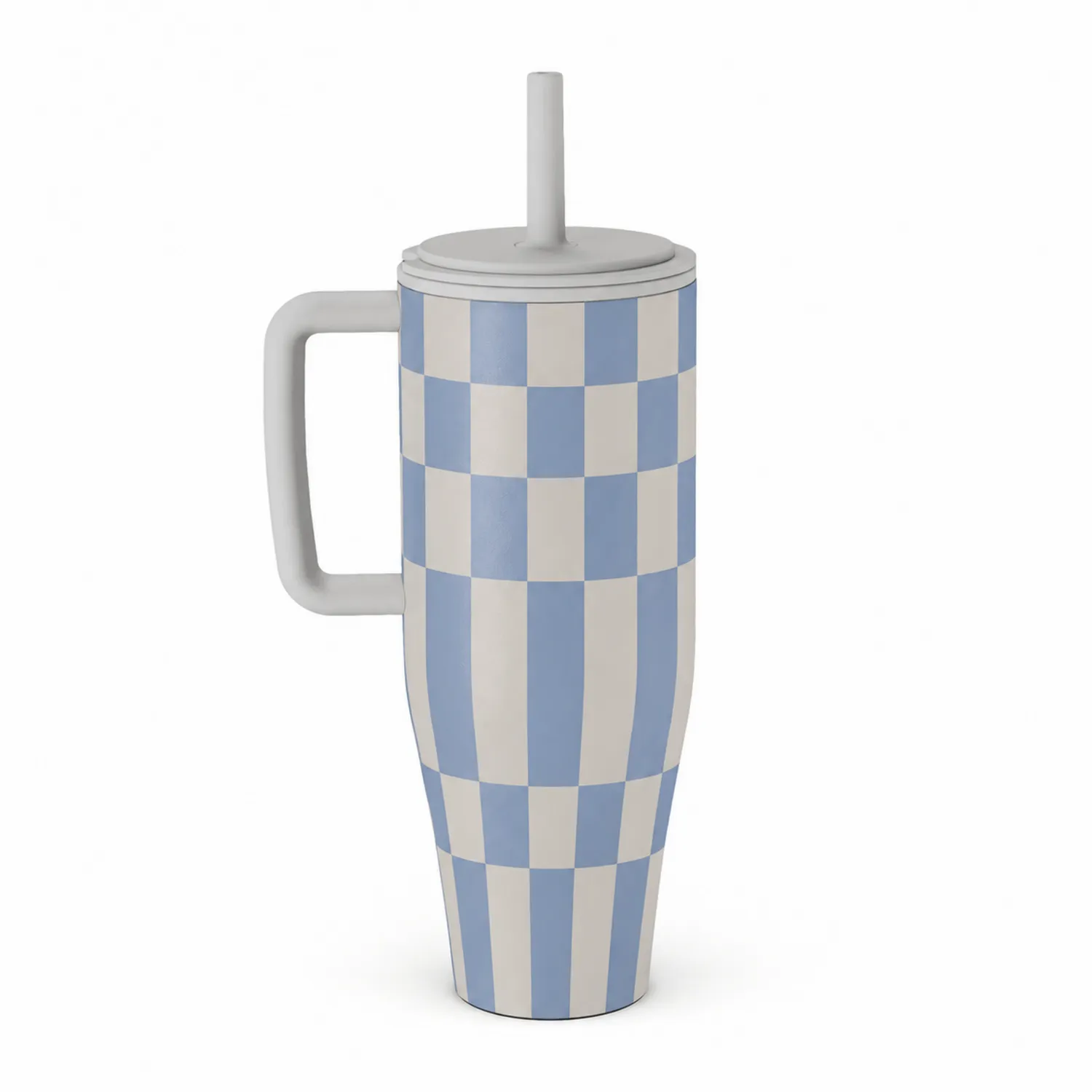 Kubek termiczny w niebiesko-białą kratę 650ml z pokrywką i słomką