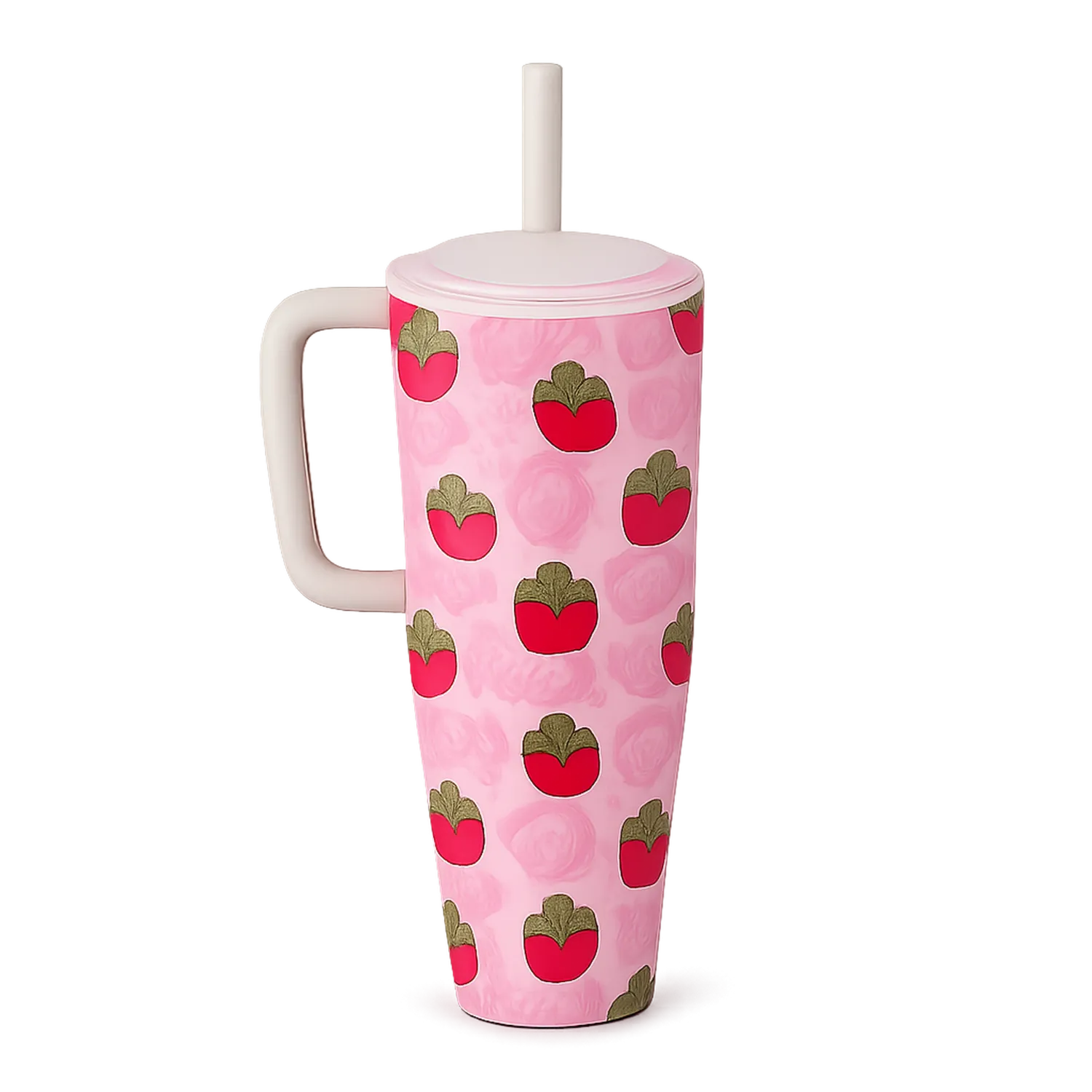 Kubek termiczny z uchwytem i słomką 500ml różowy z motywem owocowym
