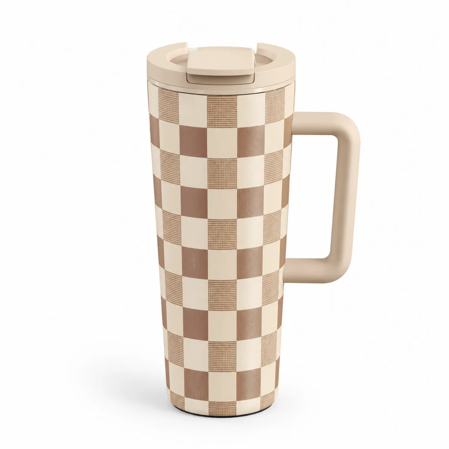 Kubek termiczny 450 ml w szachownicę brązowo-kremowy