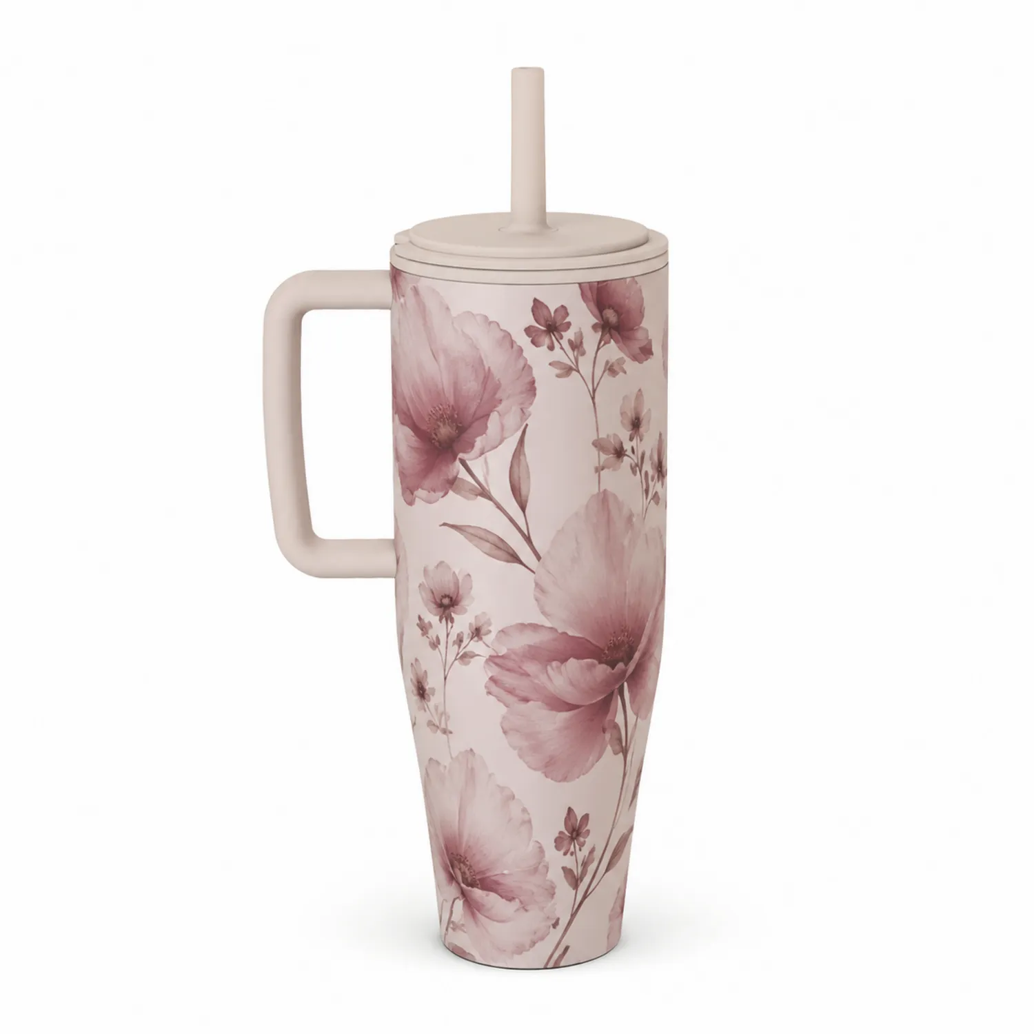 Różowy kubek z pokrywką i słomką, kwiatowy wzór, 500 ml
