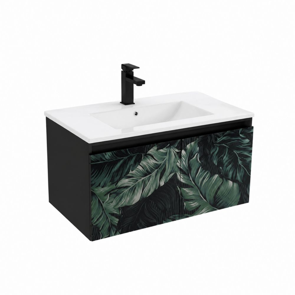 Mobile Lavandino 80x45x35 cm MDF Nero con Motivo Foglie-Pelvilos