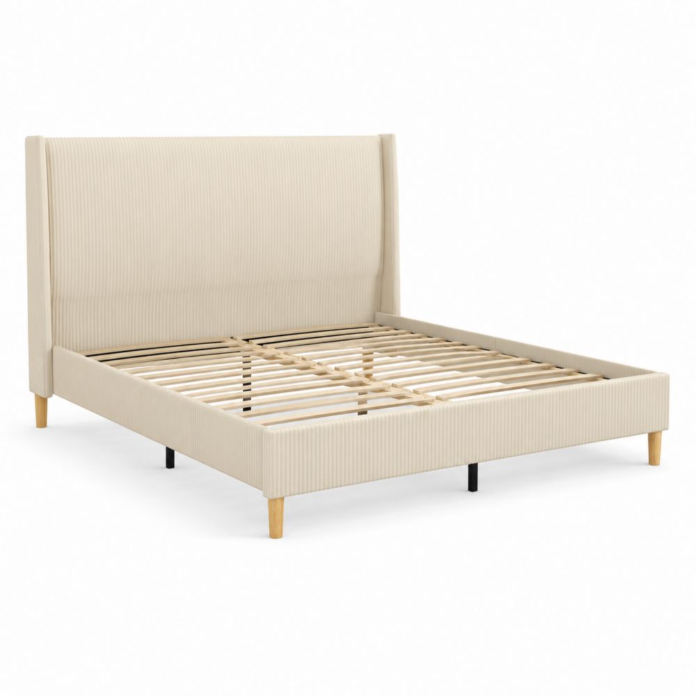 Letto matrimoniale in legno con rivestimento in tessuto beige, 200x160 cm-Pelvilos