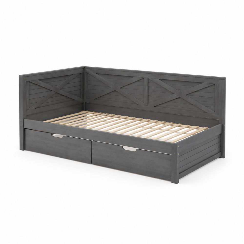 Divano letto in legno massello grigio con cassetti integrati-Pelvilos